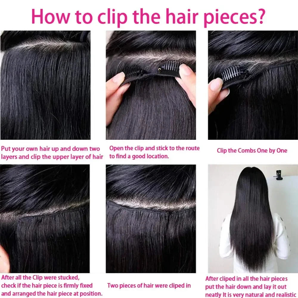 Clip Ins Straight Seamless Brazilian Human Hair Extensions Natural Color Invisible Clip In Hair Extension 16-26 Inches For Women