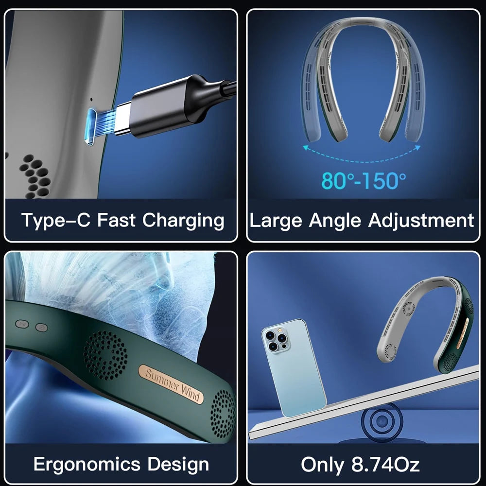 Neck Fan Portable Fan 360°Cooling Airflow Bladeless Neck Fan USB Rechargeable with 3 Speeds Adjustment Wearable Personal Fan