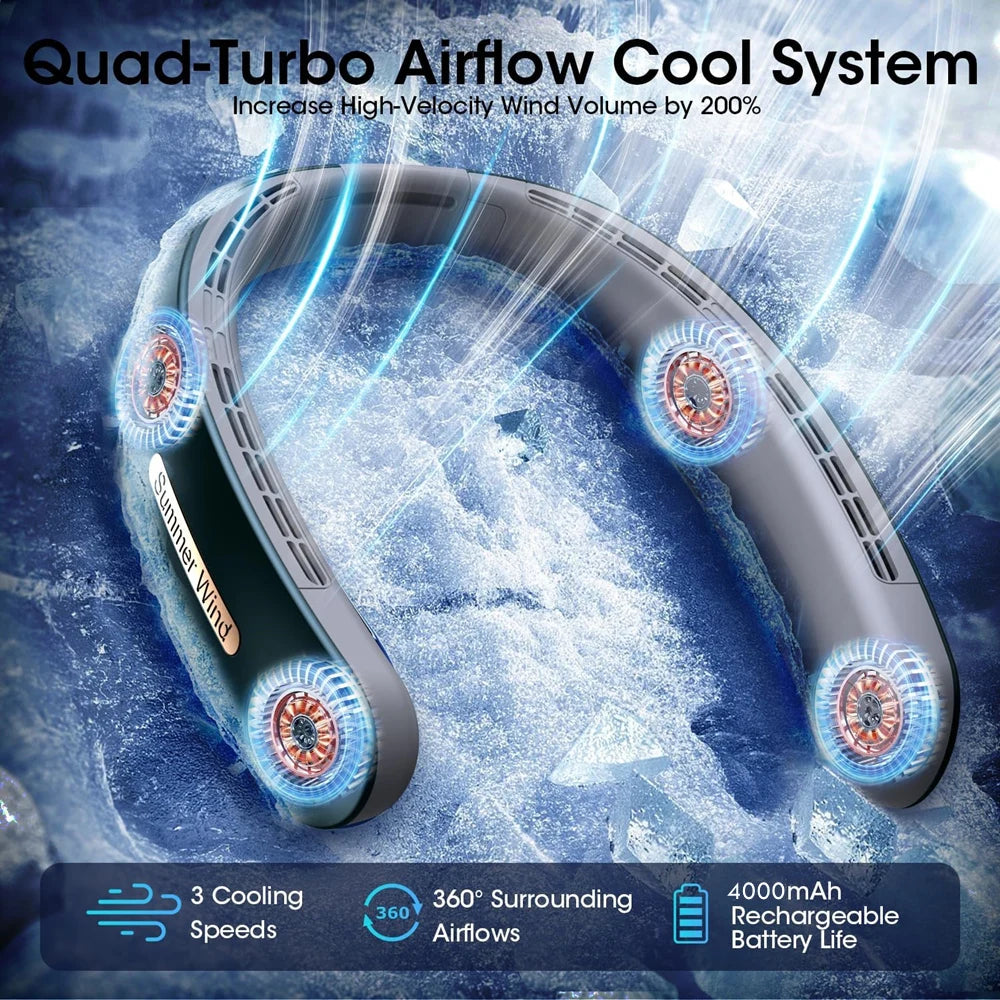 Neck Fan Portable Fan 360°Cooling Airflow Bladeless Neck Fan USB Rechargeable with 3 Speeds Adjustment Wearable Personal Fan